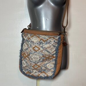 Boho Woven Crossbody Bag in Tan and Blue